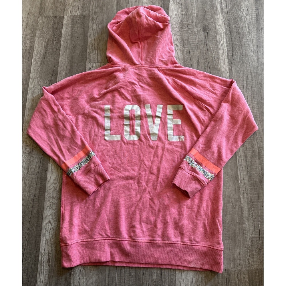 Victoria's Secret Bling‎ Logo V-Neck Hoodie Sweatshirt- Pink Medium Sequins